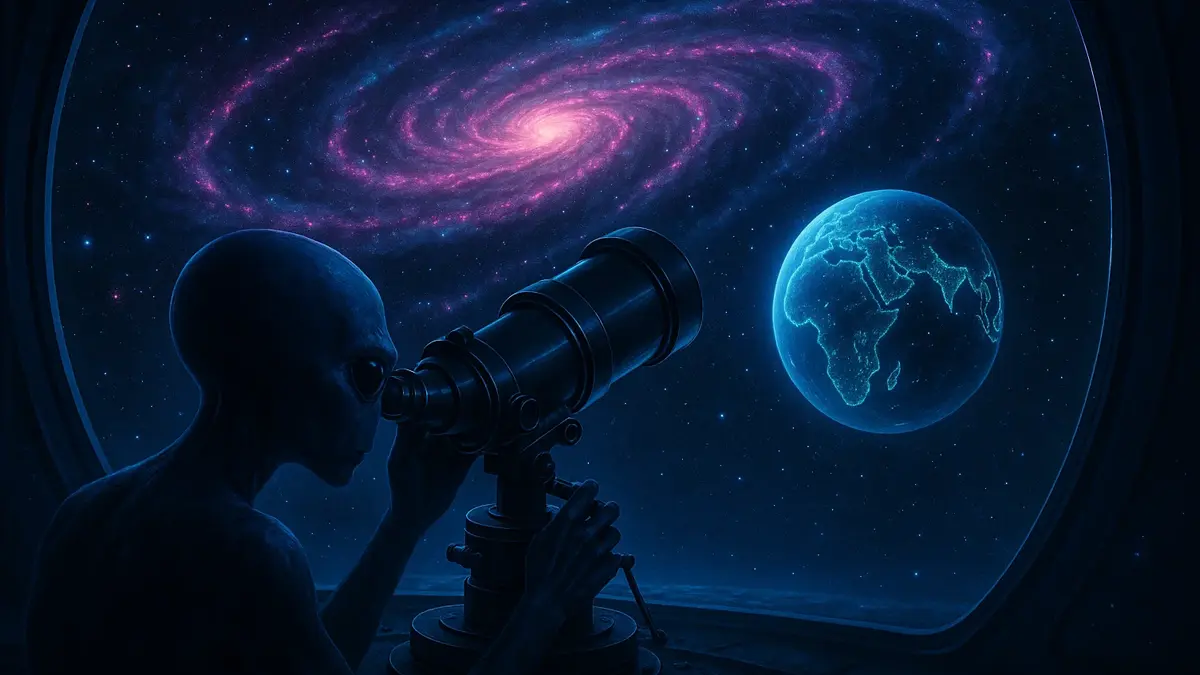 Rappresentazione artistica di una civiltà aliena che osserva la Terra da una galassia lontana