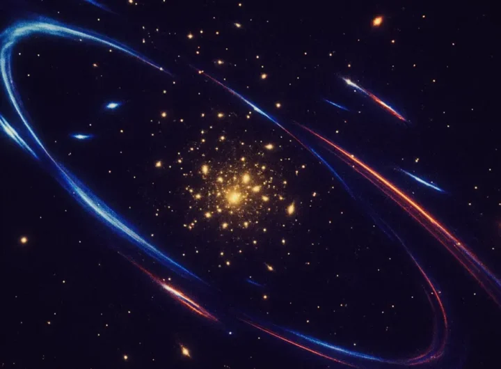 Rappresentazione spettacolare della lente gravitazionale forte in un ammasso di galassie