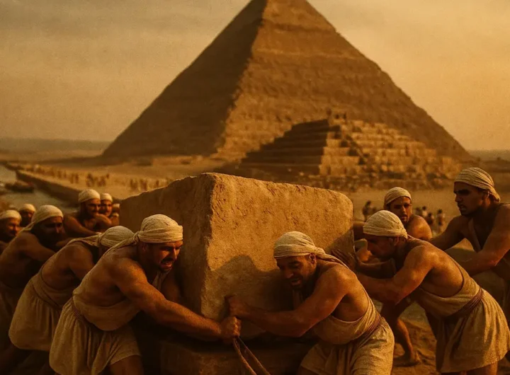 Ricostruzione del cantiere piramidi di Giza con operai egizi