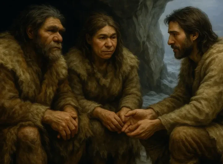Ricostruzione scientifica di Neanderthal e Homo sapiens insieme