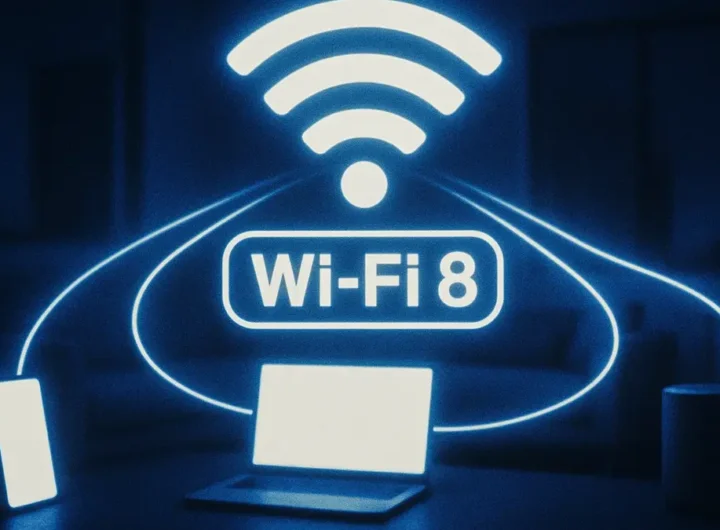 Schema concettuale che illustra evoluzione della connettività da Wi-Fi 7 a Wi-Fi 8