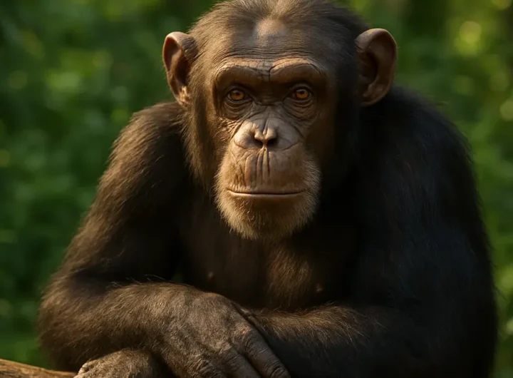 Scimpanzé che esamina attentamente una scatola con le mani