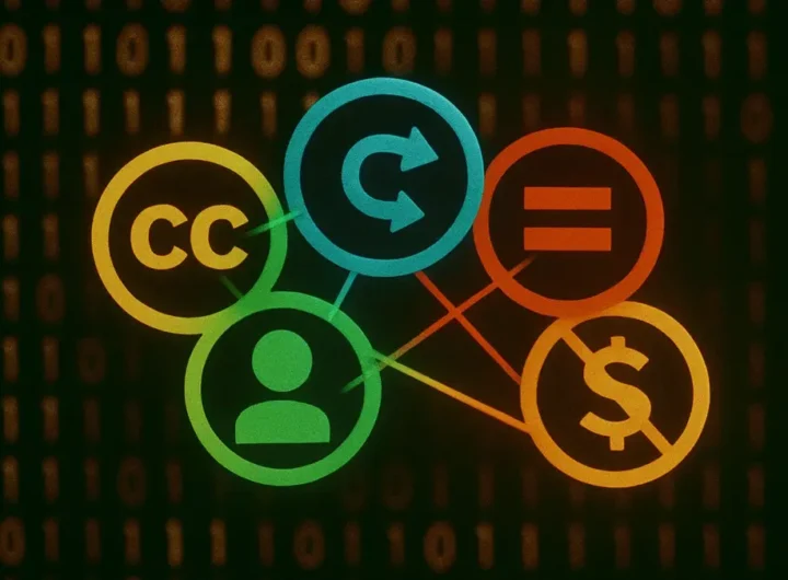 Simboli Licenze Creative Commons su sfondo digitale