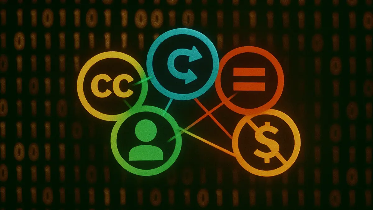 Simboli Licenze Creative Commons su sfondo digitale