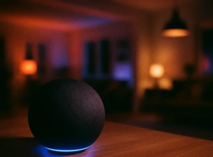 Smart speaker in primo piano su un tavolo in un ambiente domestico moderno