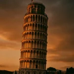 Torre di Pisa pendente nella Piazza dei Miracoli al tramonto