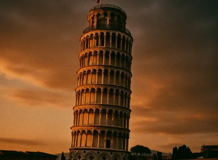 Torre di Pisa pendente nella Piazza dei Miracoli al tramonto