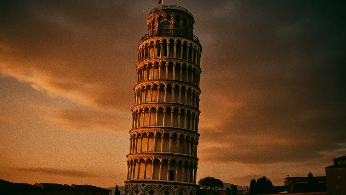 Torre di Pisa pendente nella Piazza dei Miracoli al tramonto