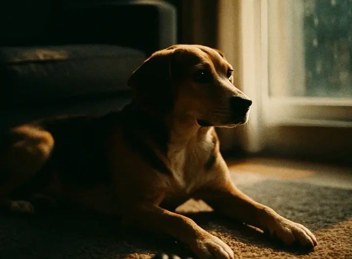 Un cane adulto di taglia media rilassato ma in attesa vicino a una finestra