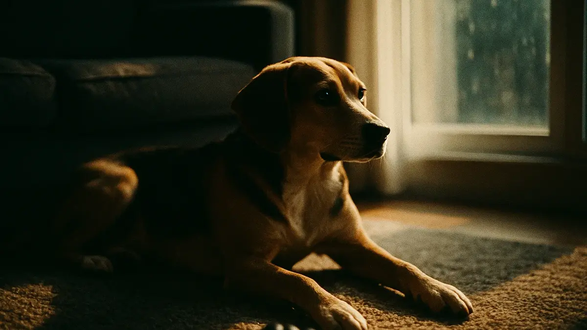 Un cane adulto di taglia media rilassato ma in attesa vicino a una finestra