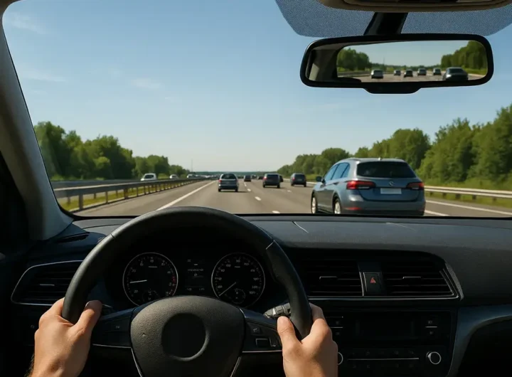 Un conducente concentrato che guarda lontano sulla strada