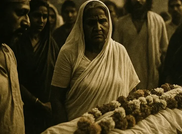 Un folto gruppo di persone è radunato attorno a una bara decorata