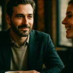Uomo sorridente che ascolta attentamente una donna in un caffè