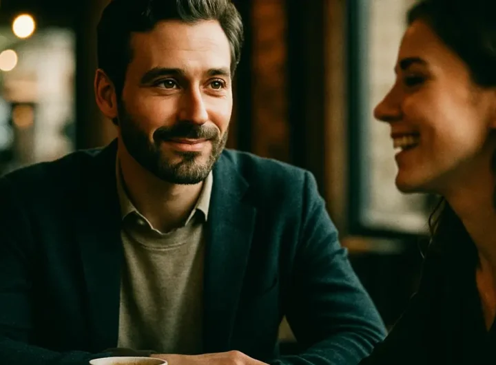 Uomo sorridente che ascolta attentamente una donna in un caffè