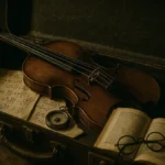 Valigia epoca aperta con manoscritti