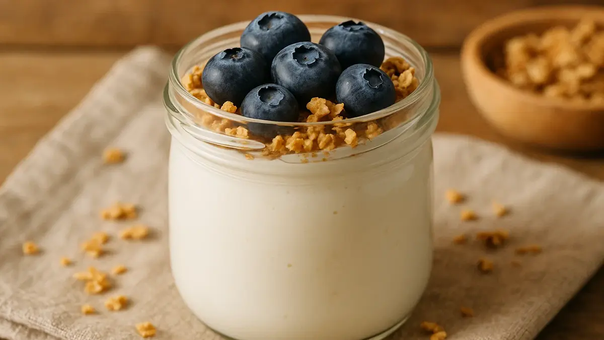 Vasetto di yogurt fatto in casa cremoso con frutta fresca e cucchiaio