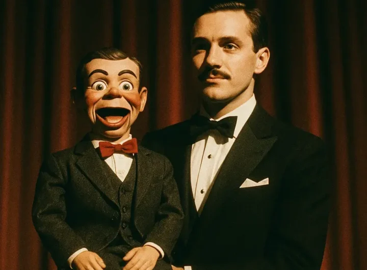 Ventriloquo di spalle che tiene in mano un pupazzo parlante in legno