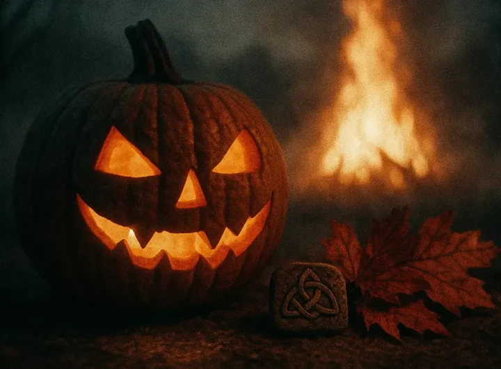 Zucca intagliata con candela accesa