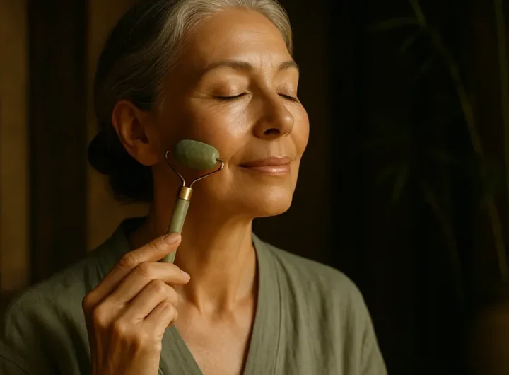 antica donna asiatica che si massaggia il viso con un rullo di giada