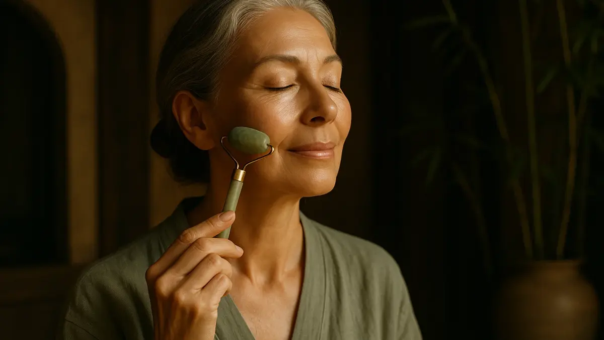 antica donna asiatica che si massaggia il viso con un rullo di giada