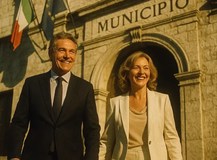 coppia felice si tiene per mano di fronte al palazzo di un comune italiano