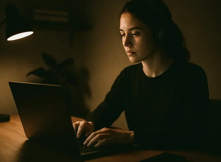 donna seduta alla scrivania con cuffie anti-rumore