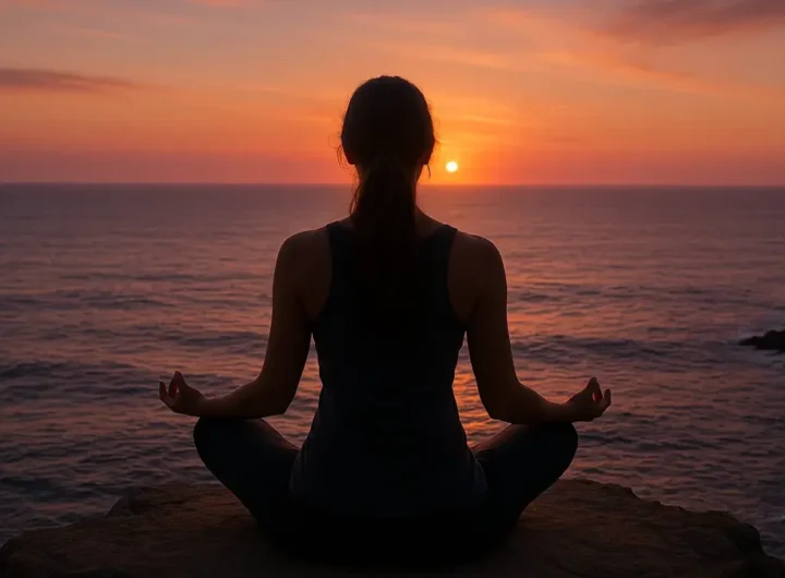 donna seduta in posizione meditativa sul bordo di una scogliera