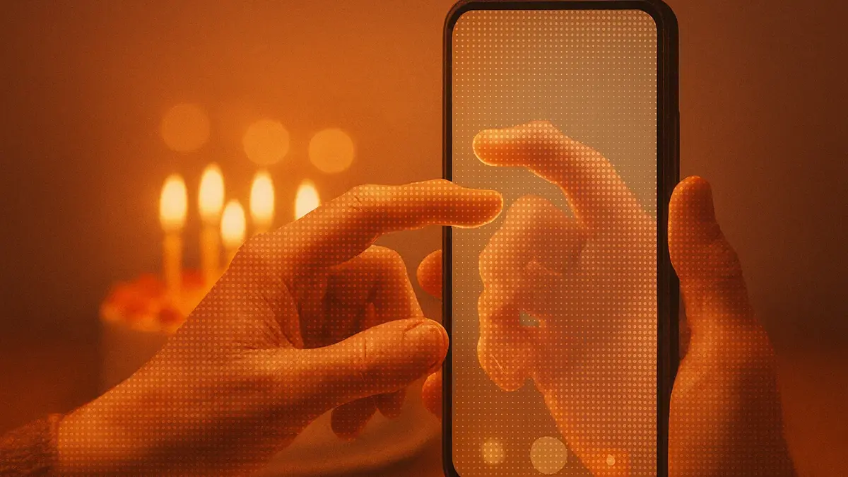 due mani che si toccano virtualmente su uno schermo di smartphone