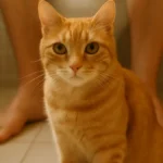 gatto rosso seduto su tappetino in bagno vicino a piedi di persona