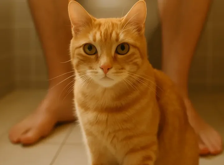 gatto rosso seduto su tappetino in bagno vicino a piedi di persona