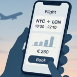 mano che prenota biglietto aereo su smartphone di mattina presto