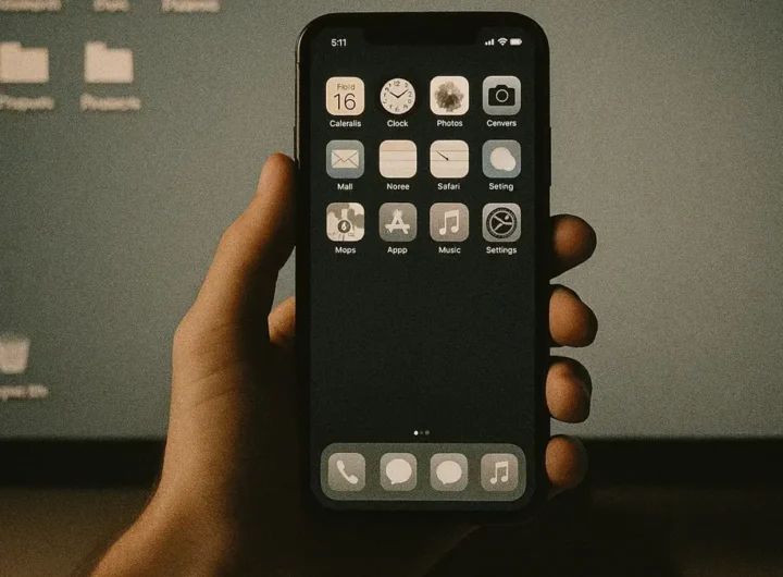 mano che tiene uno smartphone con schermo pulito e desktop PC