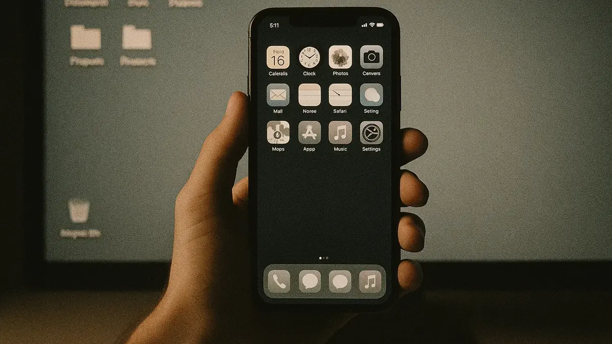 mano che tiene uno smartphone con schermo pulito e desktop PC