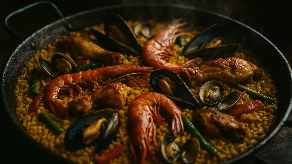 paella mista valenciana riso bomba carne pollo coniglio pesce frutti di mare