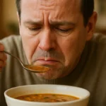 persona seduta a un tavolo mentre sta per portare alla bocca un cucchiaio di zuppa