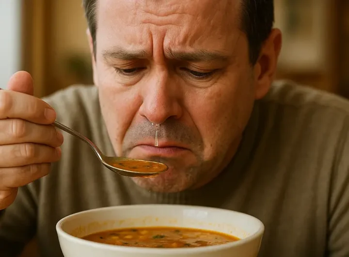 persona seduta a un tavolo mentre sta per portare alla bocca un cucchiaio di zuppa