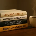 pila di libri crescita personale successo con tazza caffe su tavolo legno