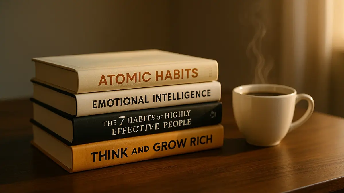 pila di libri crescita personale successo con tazza caffe su tavolo legno