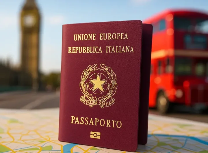 rimo piano di un passaporto italiano con Tower Bridge sullo sfondo