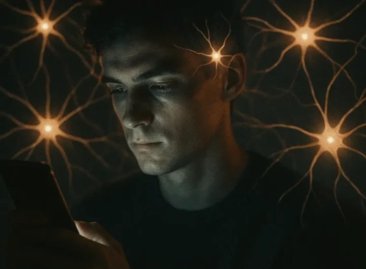 Cervello umano con icone social e scintille di dopamina