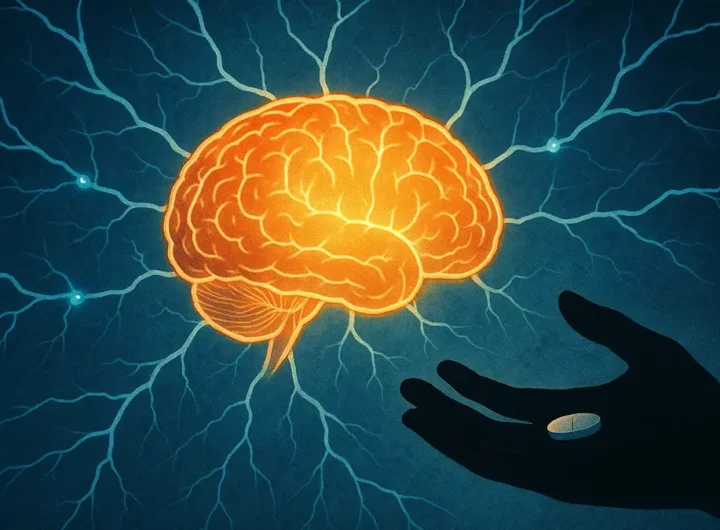 Cervello umano illuminato da luce blu con pillole fluttuanti intorno