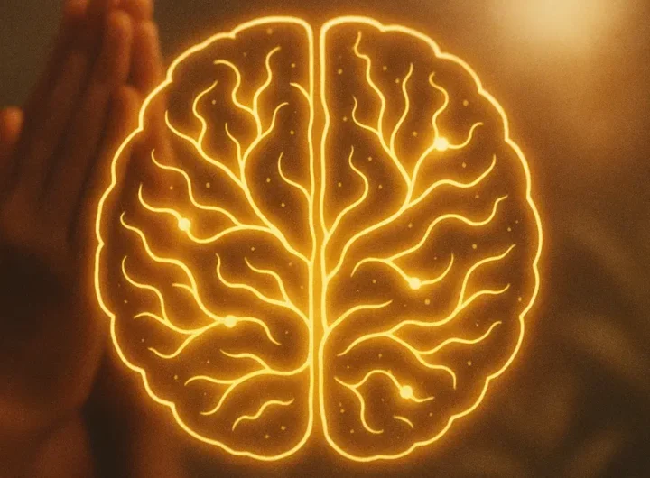 Cervello umano stilizzato con percorsi neurali luminosi