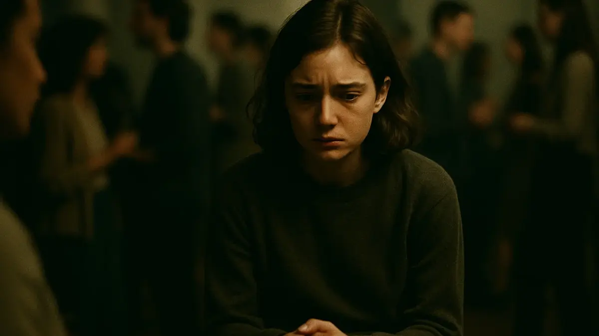 Donna che nasconde il viso tra le mani in un contesto sociale ansia fobia sociale