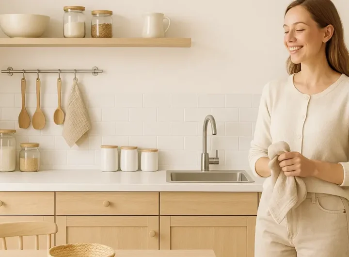 Donna felice che sistema con facilità libri su uno scaffale minimalista