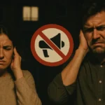 Icona di megafono rosso con segnale di divieto su sfondo di condominio notturno