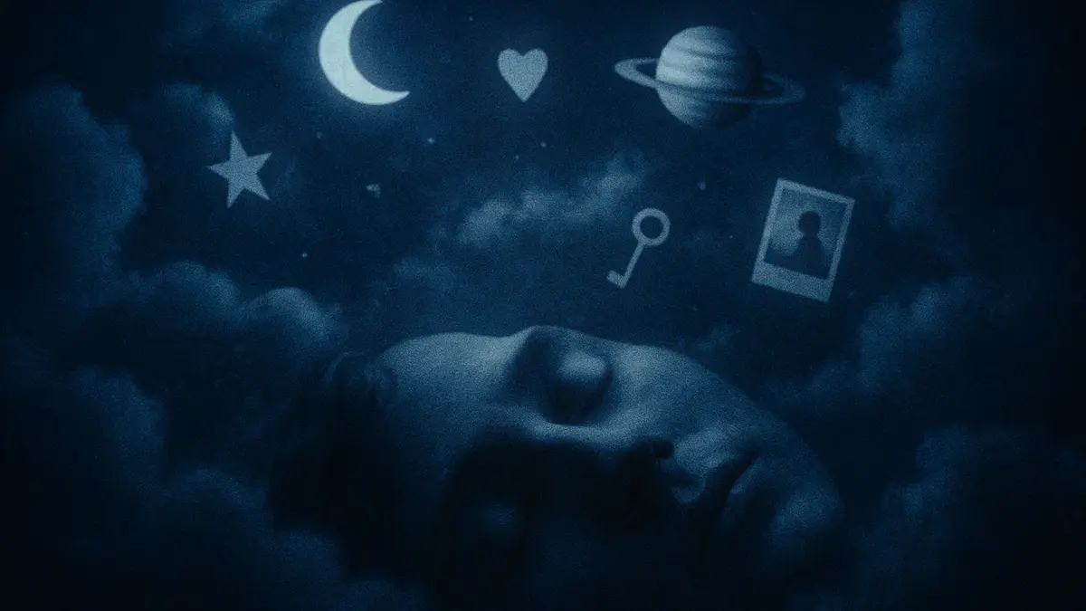 Persona addormentata con onde cerebrali luminose e paesaggi onirici