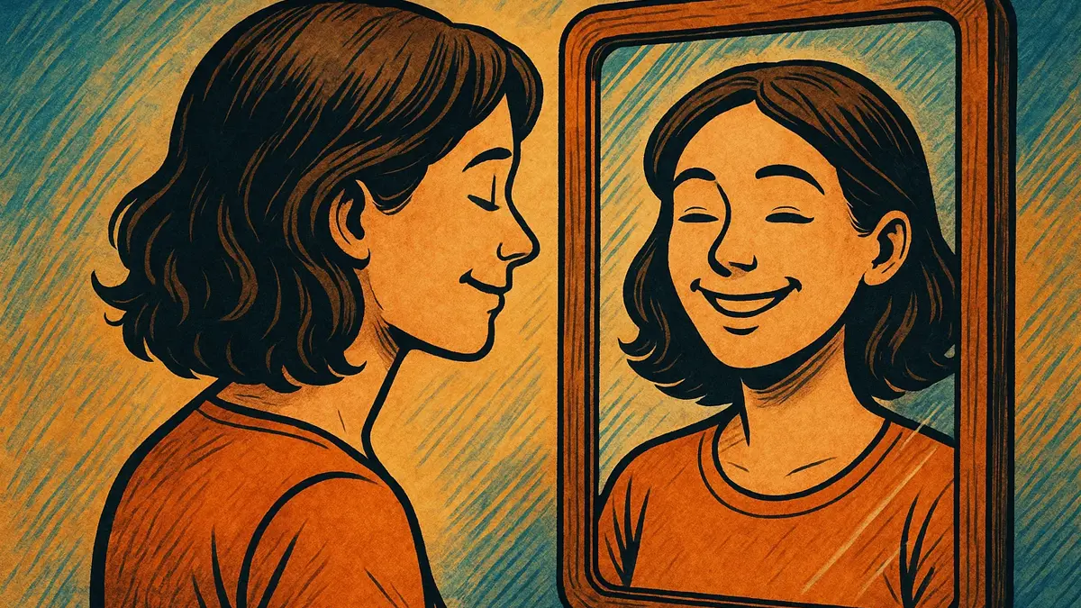 Persona riflessa in uno specchio che sorride