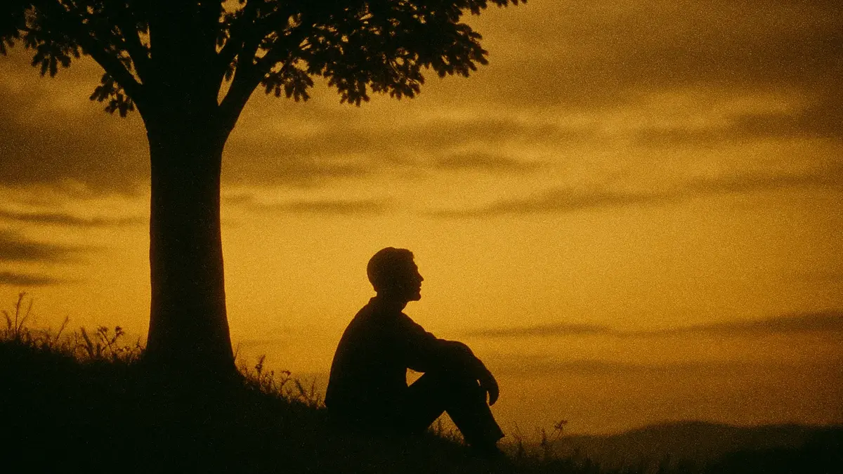 Persona rilassata su un prato al tramonto