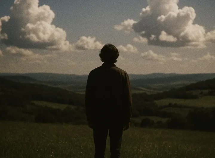 Persona sdraiata su erba che guarda un cielo blu