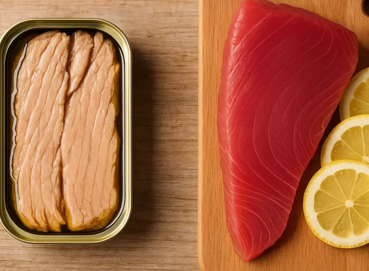 Primo piano di un trancio di tonno pinna gialla in scatola in olio EVO